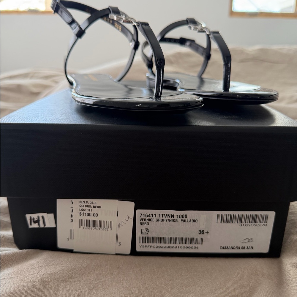 Saint Laurent Black Sandals with Rhinestone Logo - Picture 5 of 5